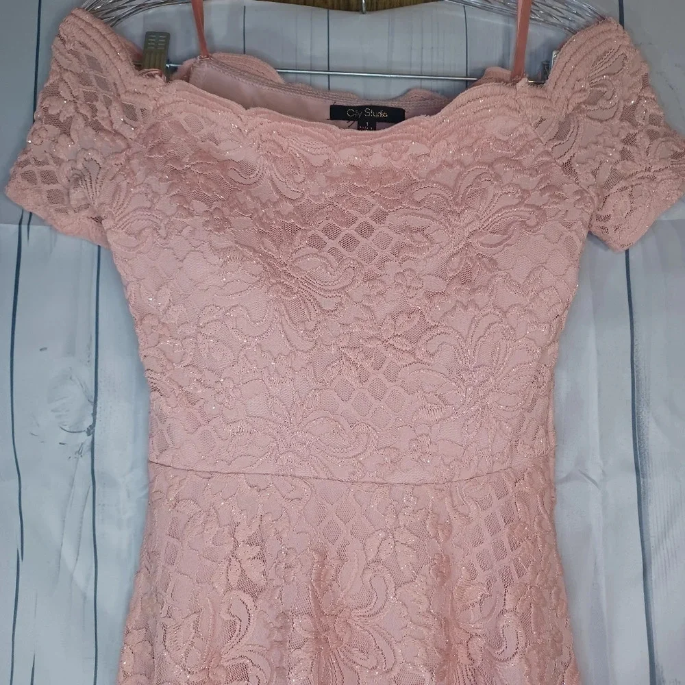 City Studio off the shoulder pink sparkle dress. - Picture 2 of 13